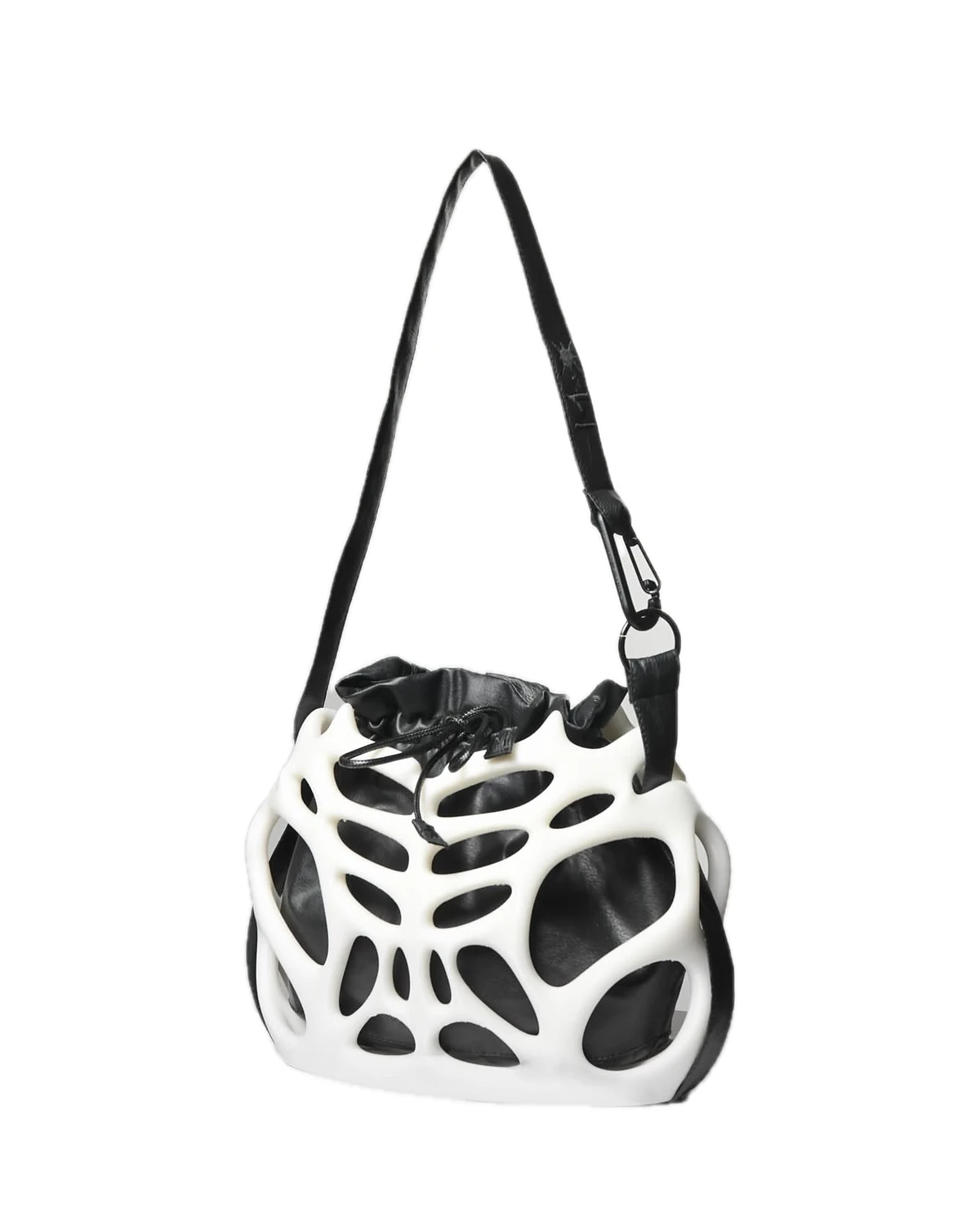 Bianca Ribcage Sac: white 3D-printed ribcage around a black pouch on a shoulder strap.