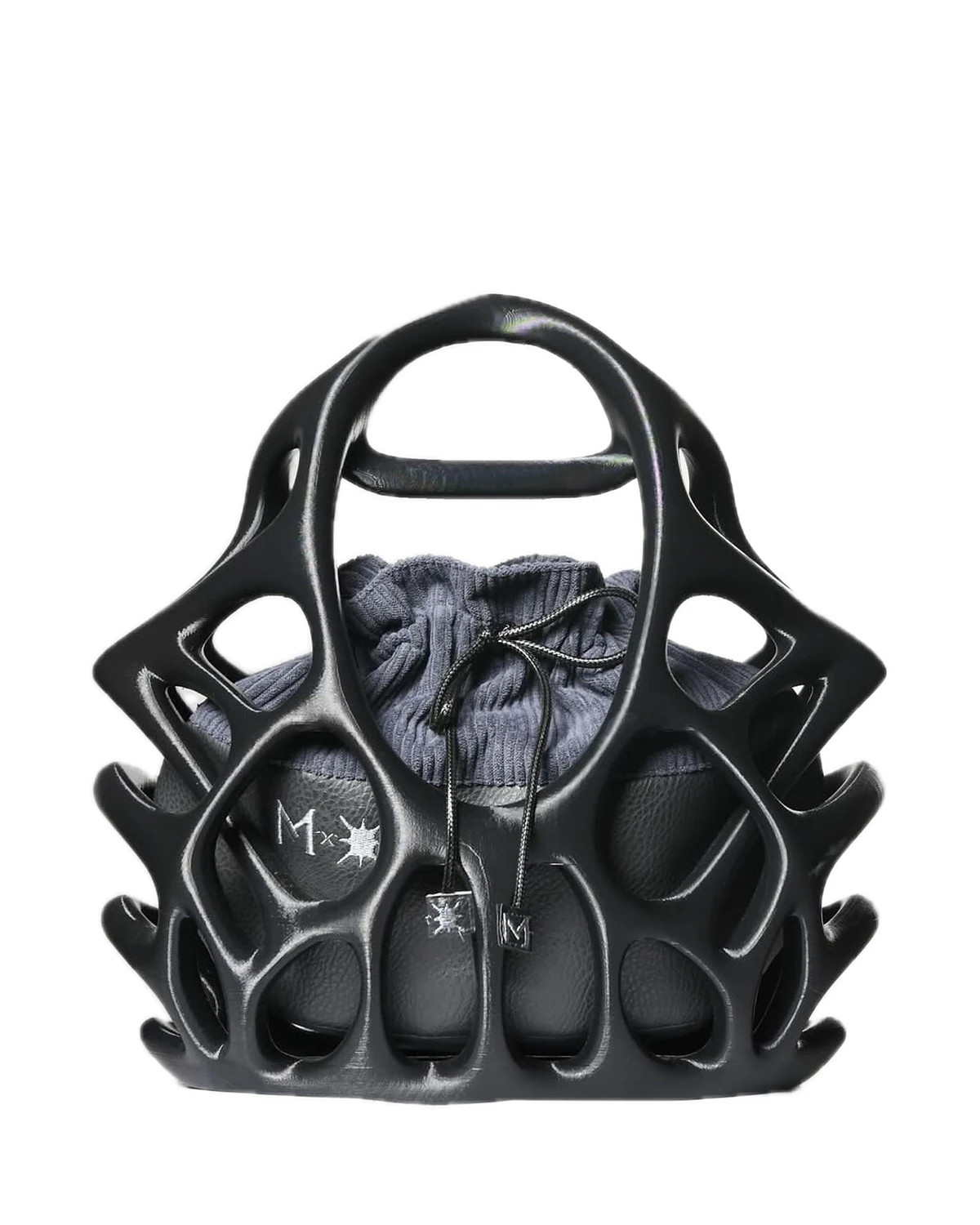Bianca Cage Sac: matte black cage with a top handle around a dark grey pouch.